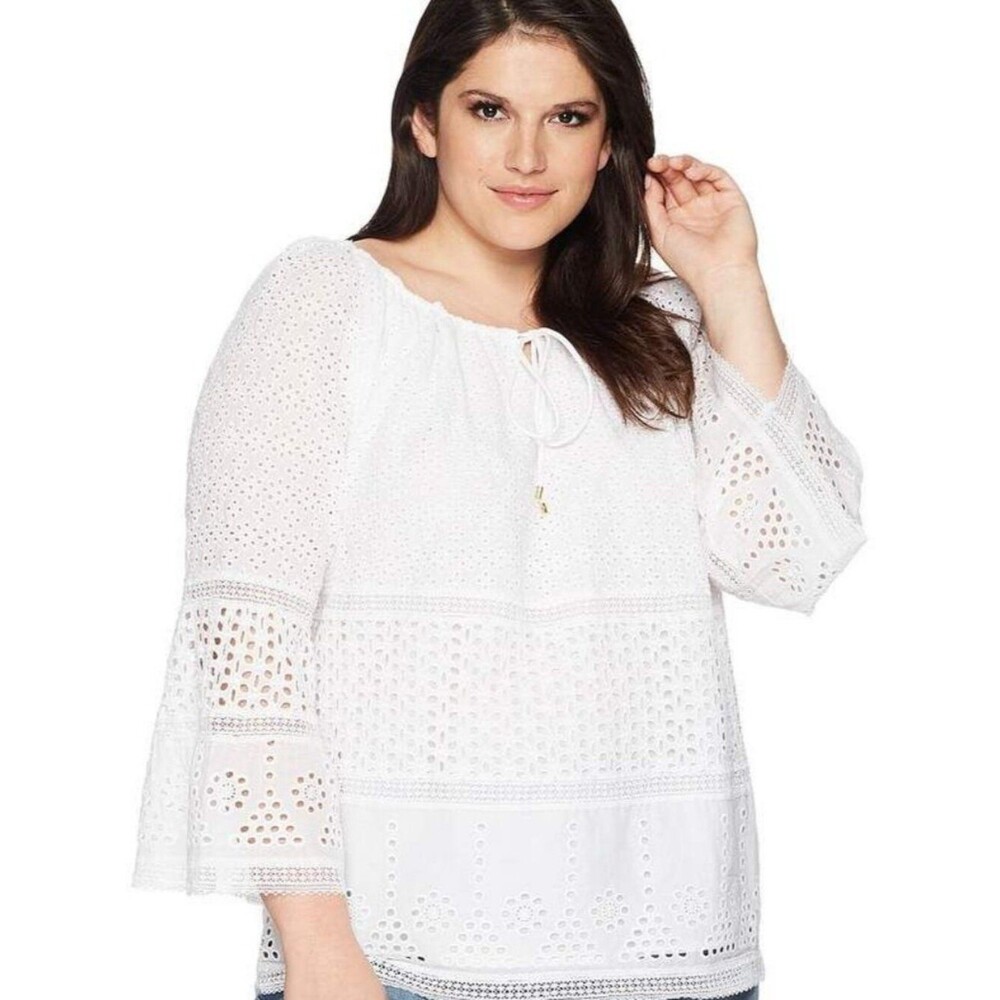 Lauren Ralph Lauren white eyelet bell sleeve cotton blouse